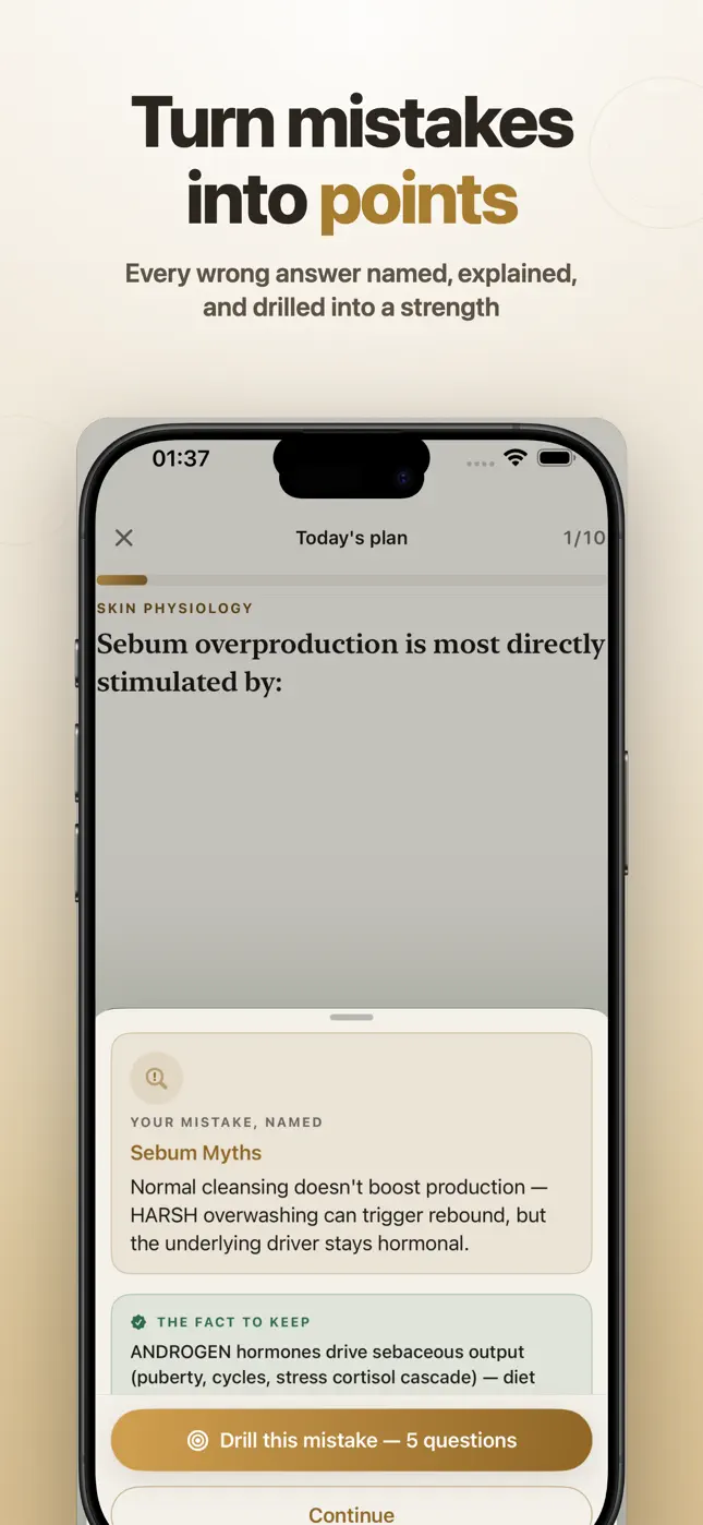 After a wrong answer about sebum, Board Ready names the mistake (Sebum Myths), states the fact to keep and offers a 5-question drill on it.