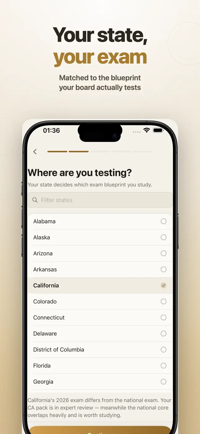 The state picker: choose the state where you are testing.